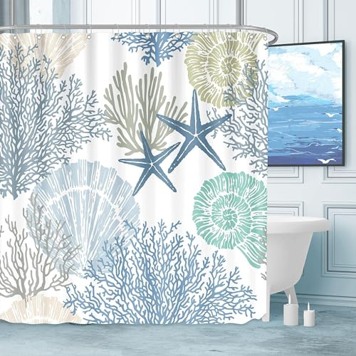 Tritard Nautical Coastal Waterproof Fabric Shower Curtains for Bathroom | Waterproof Fabric, Decorative Nautical Starfish Beach Style, Machine Washable, Bath Curtain for Bathtub