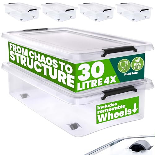 Deuba® 4X 30L Scatole in Plastica Trasparente Senza BPA Contenitori con Coperchio Impilabili Ruote Cassette Salvaspazio