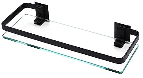 KES Étagère en Verre de Salle de Bain Aluminium Noir Étagère de Douche en Verre Trempé Extra Épais Rectangulaire à 1 Niveau Panier Mural, A4126A-BK
