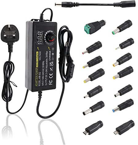 Auplf Adjustable Power Supply, 3V-24V 3A 9W-72W DC Variable Universal AC/DC Adapter 100V-240V AC to DC Converter with Multiple Converter Heads & LED Voltage Display