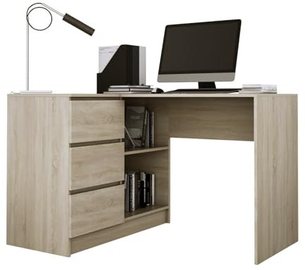 3E 3xE living.com 3xEliving Lynna Schreibtisch B16 Links Sonoma Kleiner Eckschreibtisch mit DREI Schubladen, Linke Seite, Maße: Höhe: 77 cm, Breite: 124,5/85 cm, Tiefe: 45/48,5 cm