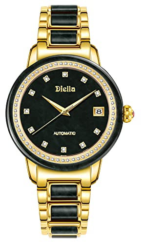 Diella Automatik Damen Uhren, Luxus Jade und Gold Edelstahl Armband Uhren für Damen, Wasserdicht Frauen Mechanische Uhren