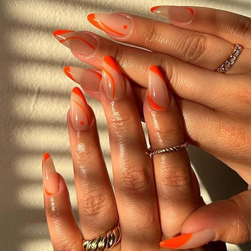 Sethexy Orange Swirl French False Nail Almond Glossy Stiletto Medium Press on Nail Artifical Fake Nails 24Pcs Acrylic Stick on Nails