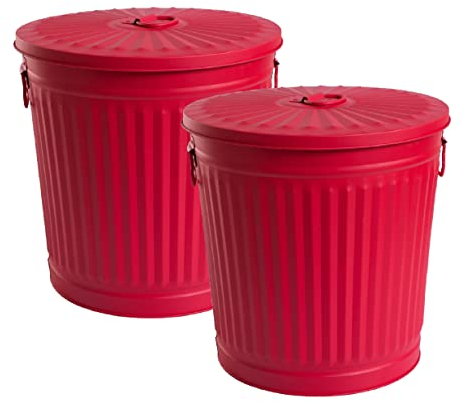 Jinfa | 2 Jeux Poubelle en métal galvanisé avec poignées et couvercle | Rouge | Diamètre Ø 36 cm - Hauteur 36,5 cm | Capacité: 35 litres