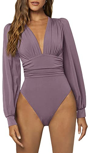 WDIRARA Body skinny da donna a maniche lunghe con scollo quadrato a pois trasparenti a pois, Viola malva, Medium