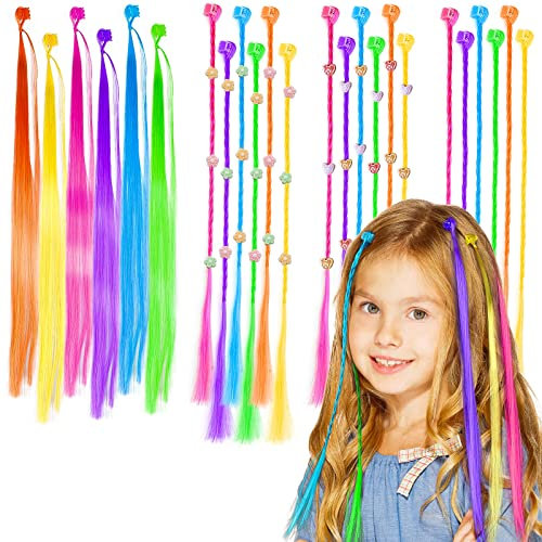 HQCM 36PCS Hair Extensions for Girls, 4 Styles Hair Braids Clip Accessories for Kids Princess Rainbow Hairs Children Highlights Braiding Kit Colorful Braid Bundles for Crazy Day Festival Parties