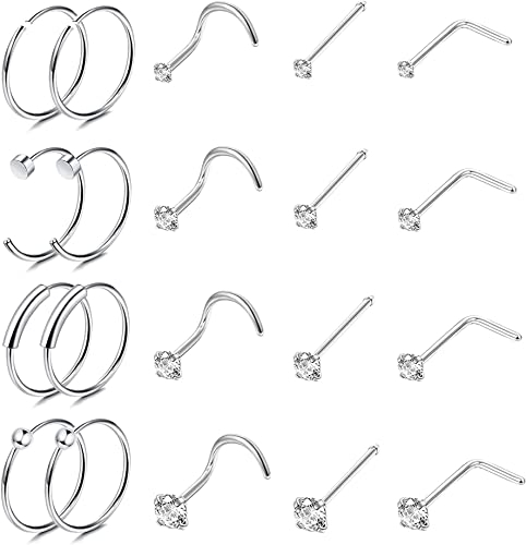 JeweBella 20 Pièces Piercing Nez Acier Chirurgical pour Femme Homme Hypoallergénique Piercing Nez Anneaux Nez Stud L/Vis/Droit Forme Ensemble Piercing Nez Argent Or 18G 20G 22G