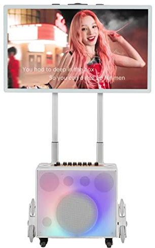 ARWIC Portable Karaoke Machine Complete Karaoke System Includes Bluetooth Speakers on Wheels, 2 Bluetooth Microphones, Disco Ball, LED Speaker Light, Cell Phone Stand white