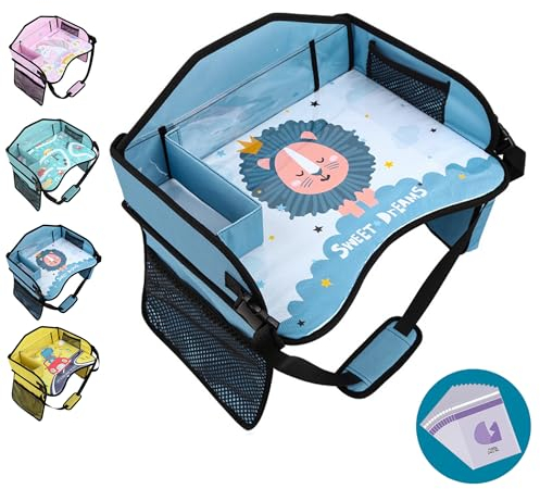 Amoilly Vassoio da viaggio per bambini per seggiolino auto, vassoio da viaggio per auto, aereo, vassoi per auto per bambini, accessori essenziali per viaggi su strada, con 15 sacchetti della