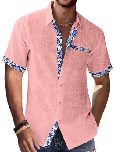 Onsoyours Chemise Homme à Carreaux Manche Courte Coton Lin avec Poche Poitrine Chemise Décontractée Classique Chemisette Homme Lin Chemise Bouton Homme Blouse B Rose M