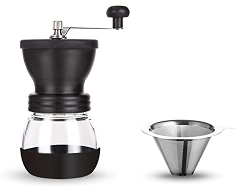 TEmkin Manuelle Kaffeemühle, verstellbare manuelle Kaffeemühle, mit Trichter, verlängertem Edelstahlgriff, einstellbare Mahlstärke