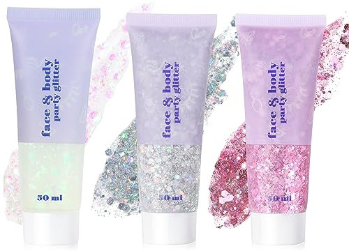 URAQT Paquillage, Paillettes Corps, Sirène Paillettes Chunky Glitter Liquide Fard À Paupières Body Gel pour Festival Fête Noël Pâques Maquillage Décoration(Argent + Rose + Blanc)
