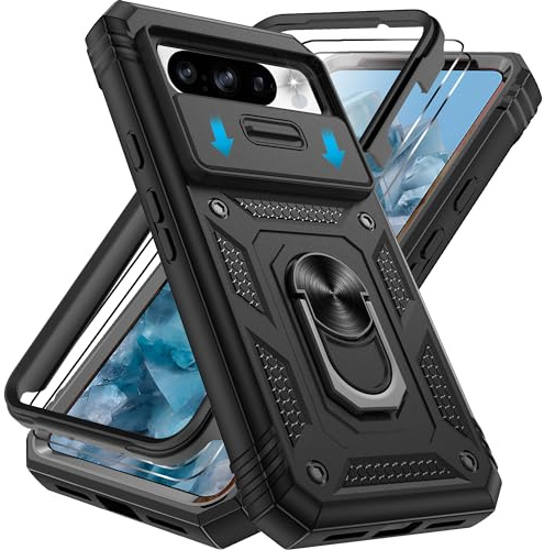Pilaru 3 in 1 for Pixel 8 Pro Case with Front Frame |2 Separate Screen Protectors| Kickstand Ring & Camera Cover Military Grade Drop Shockproof Protection for Google 8 Pro,Black