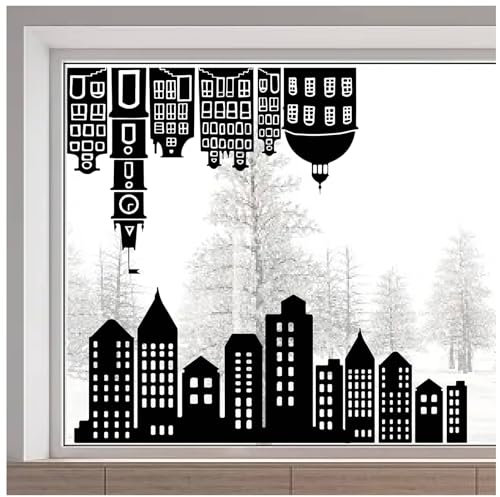 GORGECRAFT 116x38cm Nero Città Finestra Adesivo Bifacciale Skyline Vetro Adesivo Sagome di Edifici Vetrofanie Pellicola Vinilica Statica Non Adesiva Decorazioni per La Casa per Porte Scorrevoli