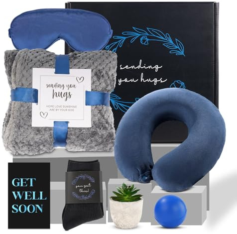 Get Well Gifts For Men,Care Package For Men, Get Well Soon Gift Basket | Cozy Blanket, Memory Foam Pillow, Stress Ball, Socks, Eye Mask, Thinking Of You Greeting Card, Plant, Dad, Husband, Brother