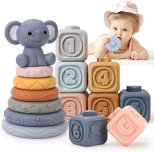 REMOKING Baby Stapelspielzeug ab 6 Monate – Montessori Baby Spielzeug aus Silikon, Stapelringe & Bausteine zur Förderung von Motorik & Sensorik, BPA-frei Lernspielzeug für Babys & Kleinkinder