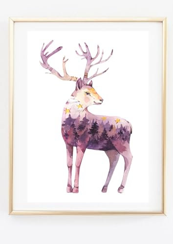 Din A4 Kunstdruck - Ren Rentier Hirsch Waldtier Winter Aquarell Romantik Wald - Druck Poster Bild - ohne Rahmenn
