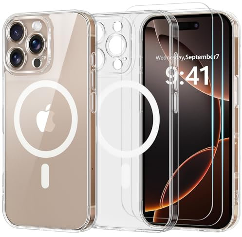 Yohii 3 in 1 Magnetica Cover per iPhone 16 Pro con 2 Pezzi Vetro Temperato [Protezione Fotocamera] Compatibile con MagSafe, Custodia Antiurto di Livello Militare, Trasparente