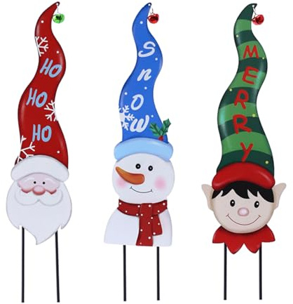 YGHQAP 3er-Pack Weihnachts-Gartenstecker aus Metall, 53,3 cm, Metall, Weihnachtsmann, Schneemann, Elfe, Außenstecker, Weihnachts-Hofschild für den Winter, Urlaub, Zuhause, Rasen,