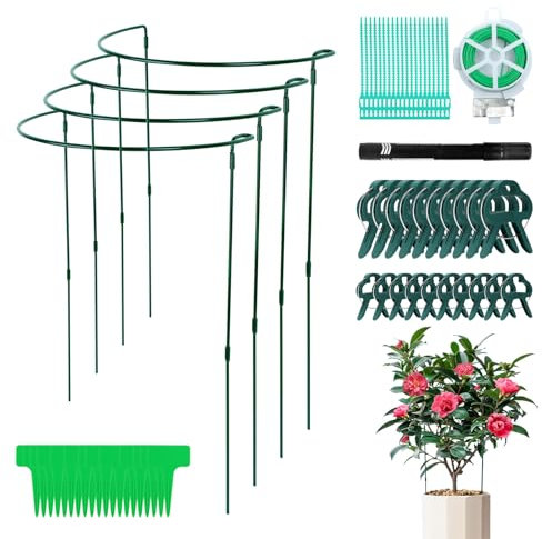 4 Stück Verstellbare Pflanzenstütze Metall, 25 * 60CM Staudenhalter Halbrund Groß Plant Holder, Grün Pflanzenringe zur Fixierung, Blumenstütze Zimmerpflanzen Rankhilfe mit 20 Stück Pflanzenklammern