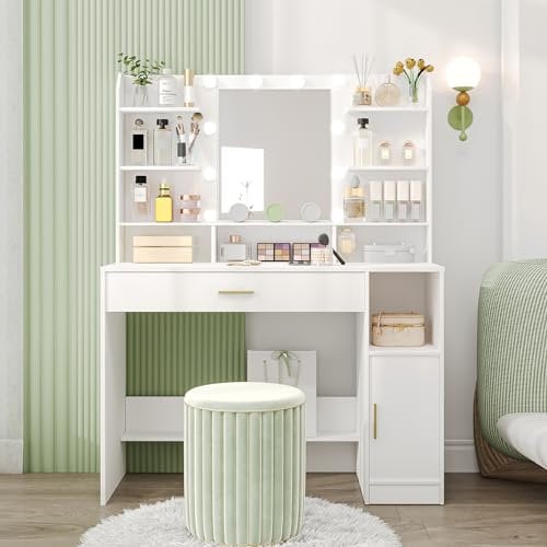 Hzuaneri Dressing Table, Large Tabletop with Mirror, LED Light with Adjustable Brightness, Organiser Drawers and Storage Cabinets, Open Shelves, for Bedroom, Cloakroom, White DT19903XUK