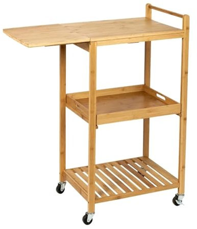 Carrito de isla de cocina de bambú con bandeja extraíble de 3 niveles de almacenamiento y mesa auxiliar, carrito multiusos para cocina, bar y comedor