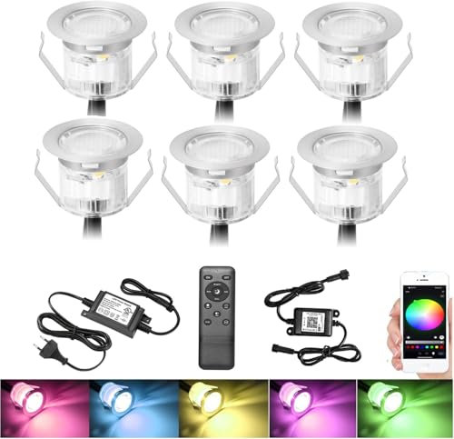 GEYUEYA Home WiFi Bluetooth Spots LED Encastrable au sol Extérieur Interieur Ø30MM 12V RGB Étanche IP67 Spot Encastrable Led avec Télécommande,LED Lumières éclairage pour Terrasse et patio Lot de 6