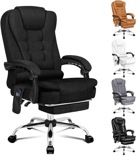 ALFORDSON Ergonomischer Bürostuhl, Schreibtischstuhl mit Wärmemassagefunktion, Leinenstoff Computerstuhl mit gepolsterten Armlehnen und weicher Kopfstütze, Drehstuhl mit Rollen, Dunkelschwarz, Leinen