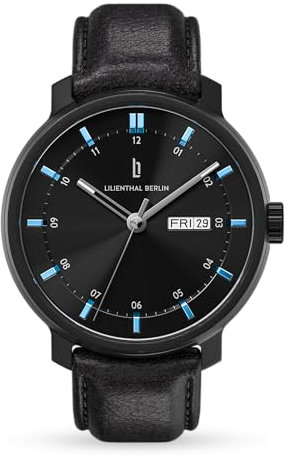 Lilienthal Berlin Neolux Day Date Automatik Uhr Black Blue – hochwertige Herrenuhr am schwarzem Leder-Armband aus Chirurgenstahl mit Automatikwerk & saphirgehärtetem Mineralglas – 42mm