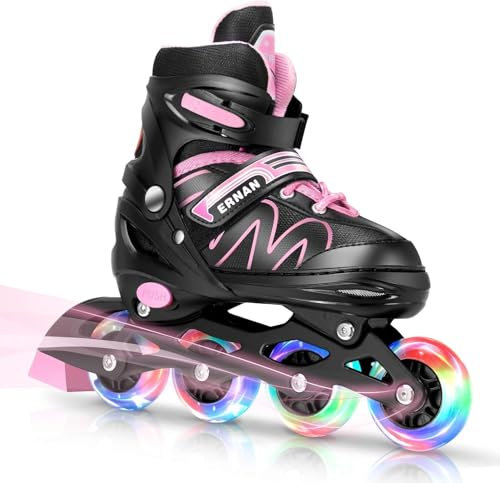 ERNAN Inline-Skates für Kinder, verstellbar und leuchtend, für Kinder, Jungen und Mädchen, Rollschuhe für Kinder, Jugendliche, Anfänger (Pink, M)