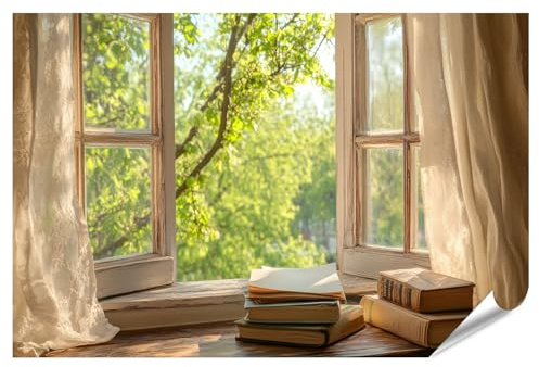 islandburner Prime Bild Poster Bücher und Vorhänge am sonnigen Fensterblick für Wohnzimmer Bücherliebhaber Buchhandlung Premium Bilder Fotodruck