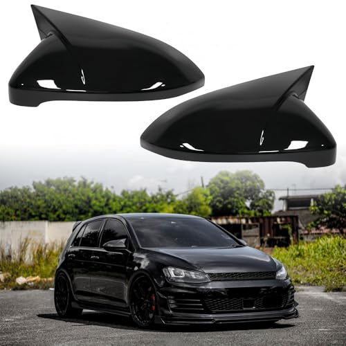 Pair Gloss Black Wing Mirror Cover For VW Golf Mk7-7.5 R GTI GTD 2014-2019 | Pre-taped stick-on, ABS Waterproof, Bull Style, Mirror Caps, Driver & Passenger Side