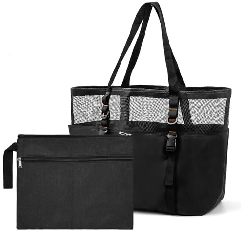 Oupuven Große Strandtasche Familie 42 * 39 * 20cm Mesh Strandtasche XXL, Beach Bag Tote Bag Damen mit Reißverschluss mit Kosmetiktasche, für Strand Pool Fitnessstudio Reisen Einkaufen und Alltag