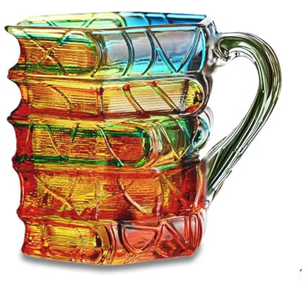 CYANLUX Bemalte Buchtasse, Neuartige 3D bemalte Bücher Kaffeetasse, Handgefertigte bunte Glas-Bücher-Stapel geformte Kaffeetasse Geschenke für Buchliebhaber Leser Bibliothekare Schriftsteller (Farbe A
