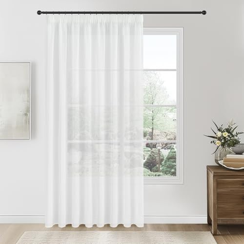 Topfinel 1 Stücke Gardinen Weiß Kräuselband Wohnzimmer für SchienensystemVorhänge Halbtransparent Voile Vorhange Hell Vorhang Gardine 300x260cm