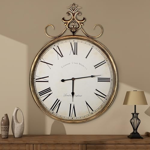 SHYFOY 59.8 x 78 cm Vintage Wanduhr mit Metallrahmen und Römischen Ziffern, Antikgold und Bronze, für Wohnzimmer und Büro