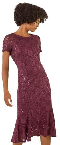 Roman Originals Floral Lace Overlay Dress for Women UK - Ladies Luxury Ball Gown Shift Midi Lined Knee Length Stretch Formal Wedding Guest Party Evening - Burgundy - Size 10