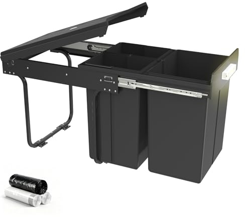 Soontrans Poubelle de cuisine, encastrable, avec 2 poubelles extensibles de 10 l et 1 de 20 l, rails télescopiques, poubelle sous évier, en acier et plastique, noire