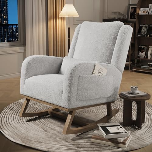 HYNHXBP Fauteuil à Bascule, Fauteuil à Bascule avec Poches latérales, Pieds en Bois Massif, Fauteuil de Salon, Convient pour Le Salon et la Chambre (Blanc-B)