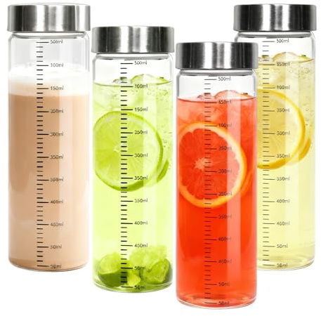 16 OZ Glasflaschen mit Edelstahldeckeln, weite Mund Glassaftflaschen für Wasser, Smoothies, Kaffee, Milch, Tee, wiederverwendbare Wasserflasche mit Messwaage, Set von 4