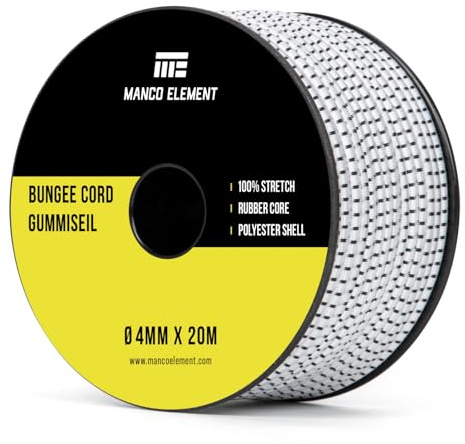 Manco Element Gummiseil 4mm x 20m Gummischnur Expanderseil Gummiband | Schwarz, Planenseil, Spanngummi, Gummi & Polyester, 100% Dehnung, für Plane, Anhänger, Sonnensegel, Zelte, Camping, Spule