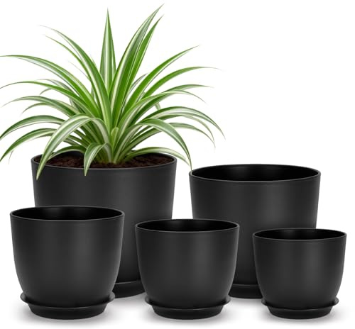 KINGLAKE 5er Blumentöpfe mit Untersetzer -übertopf Pflanztopf 11.5/12.5/14/16/17.8cm, Blumentopf Kunststoff Set Klein, Töpfe für Garten Zimmerpflanzen Sukkulenten Kräuter-Schwarz