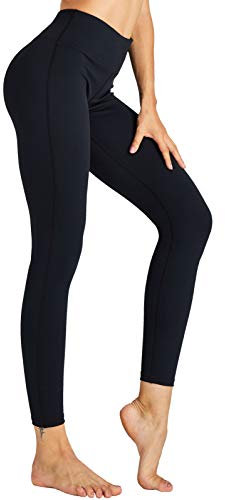 COOLOMG Damen Yoga Hose Lang Kompression Leggings Sport Trainingshose Schwarz L