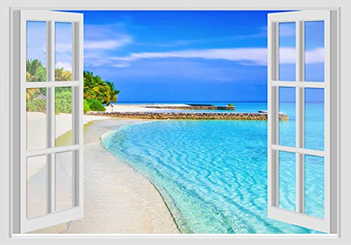 Adesivi Murali Finestra - Paesaggi Vari Mare e Oceano - WALL STICKERS 3D parete muro (70x100 cm, Spiaggia Caraibi - N05)