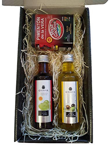 Estuche Gourmet con Pimentón de la Vera Aceite de Oliva Virgen Extra 100 ml en cristal y Botella de Vinagre de Jerez 100 ml en Caja Negra