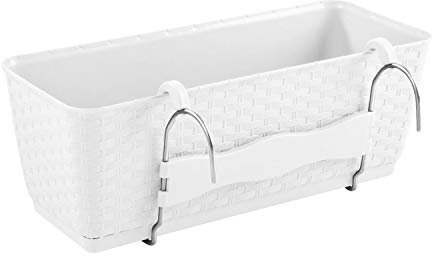 PAFEN Jardinera con almacenamiento de agua, jardinera para balcón, aspecto de ratán, color blanco, plástico con soporte de metal