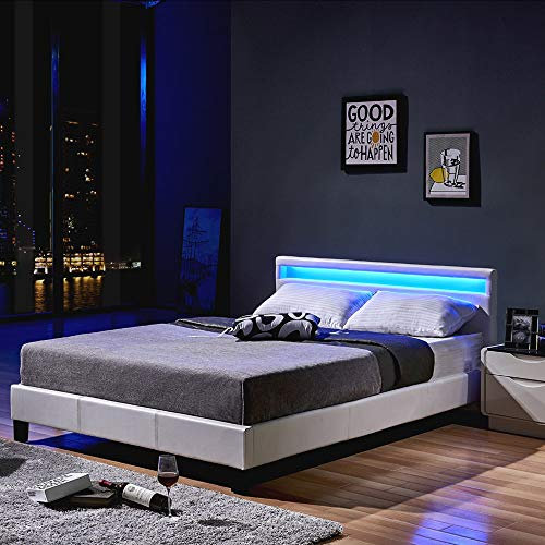 Home Deluxe - LED Bett Astro - Weiß, 120 x 200 cm - inkl. Lattenrost I Polsterbett Design Bett inkl. Beleuchtung
