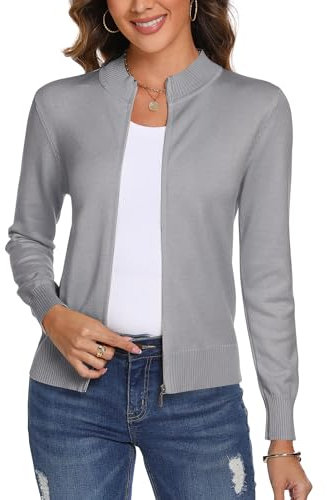 Aottori Damen Langarm Stehkragen Strickjacke Pullover Cardigan mit Reißverschluss Sweatshirt Casual Einfarbig Strickmantel Freizeit Jacket Outerwear Hellgrau M