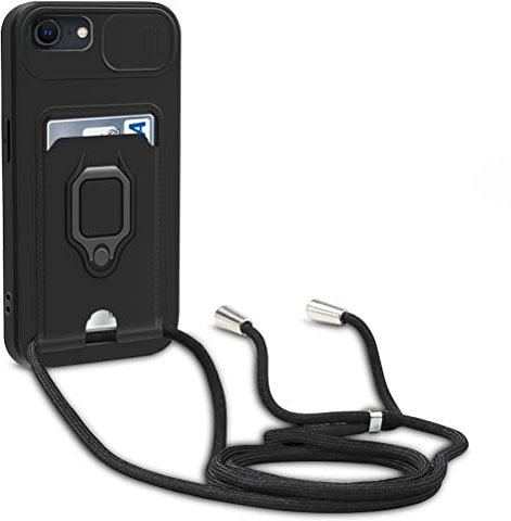 yanasuo Schiebe Kameraschutz Silikon Handykette Hülle kompatibel mit iPhone 6/6S/7/8/SE 2020, Metall Ring Halter Handy Cover,Verstellbarer Halskette Handyhülle-Schwarz