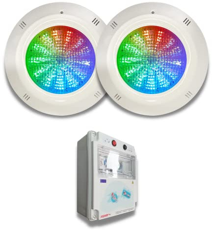 SWIMHOME Pack Iluminación Piscina | 2 Focos LED de Superficie + Control Remoto ON/Off + Cuadro Eléctrico | ABS Blanco Resistente | Ø29 cm 35W 12V/AC RGB 2 Hilos